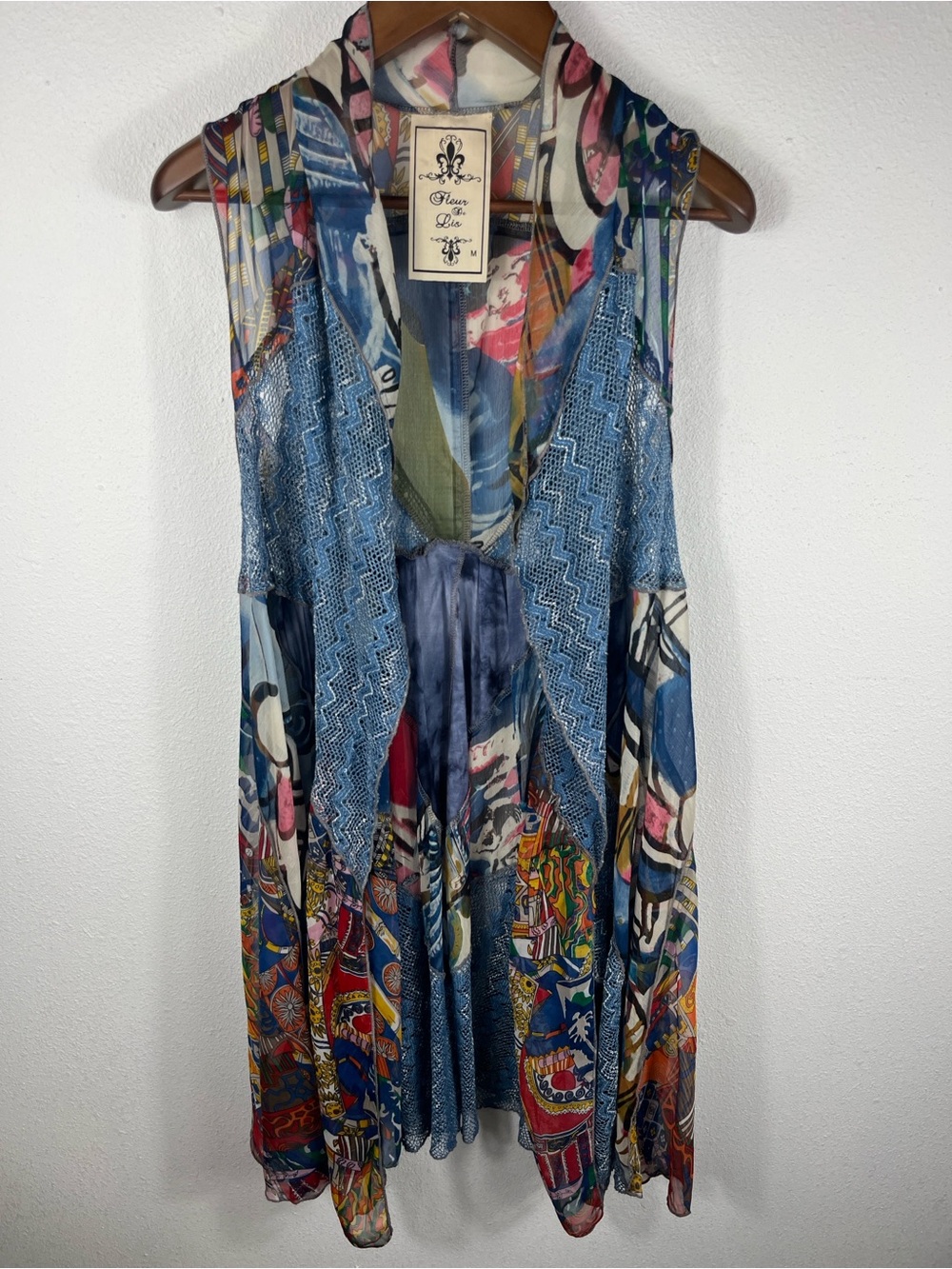 Fleur de Lis Multi Fabric Artsy Patchwork Boho Cardigan Topper Size Medium